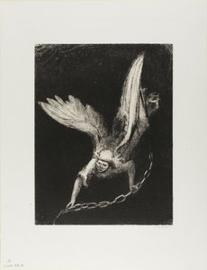 Und ich sah einen Engel vom Himmel herabsteigen, der den Schlüssel zum Abgrund und eine große Kette in seiner Hand hatte, Platte 8 von 12 von Odilon Redon
