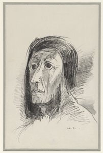 Kopf mit schwarzen Haaren und weit aufgerissenen Augen von Odilon Redon
