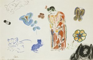 Studienblatt: Frau, Blumen und Tiere