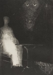 Ich starrte weiter auf den Stuhl und bildete mir ein, darauf eine blassblaue neblige Umrisslinie einer menschlichen Figur zu sehen, Platte 1 von 6 von Odilon Redon