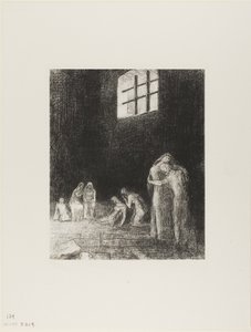 Im Schatten sind Menschen, die weinen und beten, umgeben von anderen, die sie ermahnen, Platte 6 von 24 von Odilon Redon