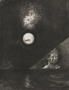 Am Horizont der Engel der Gewissheit, und im düsteren Himmel ein fragendes Auge, Platte vier aus An Edgar Poe von Odilon Redon