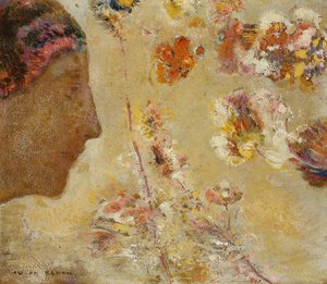 Frau im Profil mit Schmetterling und Blumen