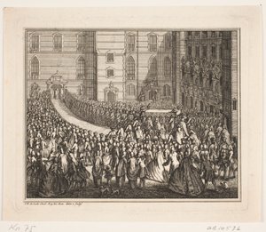 König Frederik V in Prozession zur Salbungszeremonie in der Frederiksborg Schlosskirche. Illustration zur Salbungsakte von Frederik IV