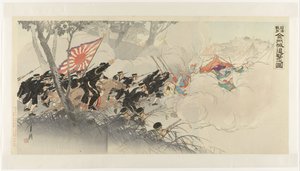 Der sich zurückziehende Feind bei Jinzhou während des Chinesisch-Japanischen Krieges Nisshin sensō Kinshūjō tsuigeki no zu (Titel auf Objekt)