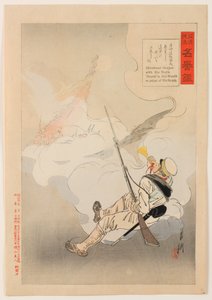 Ergreifende Geschichten des Feldzugs gegen China und der Spiegel der Ehre: Shirakami Genjirō mit seiner Trompete „Marsch“ im Mund am Punkt seines Todes von Ogata Gekko