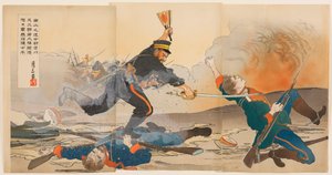 In der Schlacht von Nanshan führte Leutnant Shibakawa Matasaburō seine Männer mit einem aufgehobenen Kriegslüfter der aufgehenden Sonne von Ogata Gessan