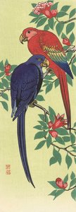 Ein roter und ein blauer Papagei, von dem japanischen Künstler Ohara Koson