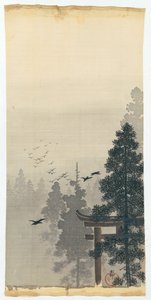 Landschaft mit Vogelschwarm und Torii