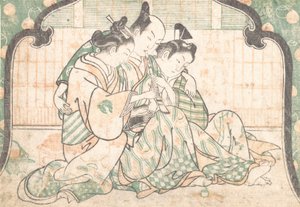 Ein junger Mann sitzt zwischen zwei Frauen von Okumura Masanobu