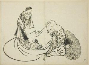 Daikoku enthüllt den Inhalt von Hoteis Tasche, Nr. 2 aus der Serie von 12 Drucken von Okumura Masanobu