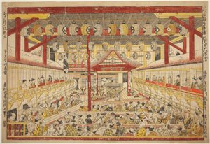 Großes Perspektivbild der Kaomise-Aufführung auf der Kabuki-Bühne (Shibai kyogen butai kaomise o uki-e) von Okumura Masanobu