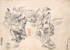 Mizuki Kikusaburo als Frau, die in der Nähe eines kleinen Baches steht und einen Wanderer betrachtet, wahrscheinlich 1709