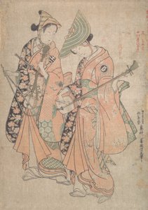 Onoe Kikugoro in der Rolle von Yaoya Oshichi und Nakamura Kiyosaburo als ihr Liebhaber der kosho, 1750