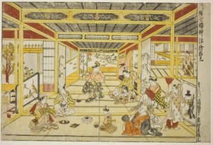 Originalperspektivbild der modischen sieben Glücksgötter (Furyu shichi fukujin uki-e kongen) von Okumura Masanobu