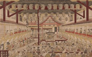 Perspektivische Ansicht des Inneren des Nakamura-Theaters mit Ichikawa Ebizo II als Yanone Goro, 1740 von Okumura Masanobu