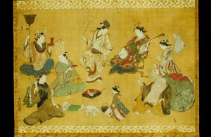 Festgesellschaft im Vergnügungsviertel als Mitate der Sieben Glücksgötter von Okumura Masanobu