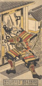 Der Schauspieler Bando Hikosaburo in der Rolle von Asahi na Saburo, der die Burgtür aufbricht, ca. 1730