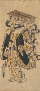 Ein Schauspieler mit einem Perückenständer von Okumura Toshinobu