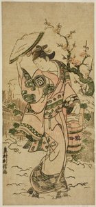 Der Schauspieler Sanogawa Mangiku als Frau, die im Schnee geht von Okumura Toshinobu