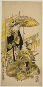 Die Schauspieler Ichikawa Monnosuke I als Kusunoki Masatsura und Arashi Wakano als Oyuki im Stück "Honen Taiheiki," aufgeführt im Nakamura-Theater im elften Monat, 1723