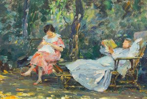 Lesen und Stricken im Garten von Olga (1881 1941) Slomszynska