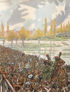 Napoleon überquert die Brücke bei Elster mit seiner Armee, unter einem bedrohlichen Himmel von Onfray de Breville Job