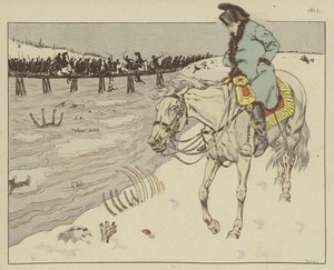Napoleon beobachtet die Überquerung des Flusses Beresina durch die Reste seiner Großen Armee auf dem Rückzug aus Moskau, 1812 von Onfray de Breville Job