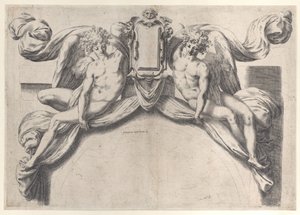 Zwei Engel, die eine Kartusche oder ein Schild stützen, 1568-77 von Orazio de Sanctis
