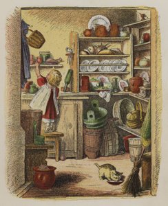 Kleines Mädchen greift nach einem Gegenstand auf einem hohen Regal (Farblithografie)