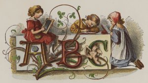 Drei Mädchen üben das Schreiben (Farblithografie)