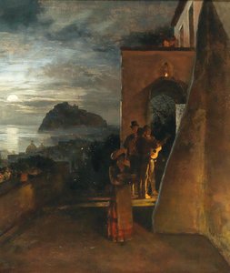 Abendserenade auf Ischia, Castello Aragonese im Hintergrund von Oswald Achenbach