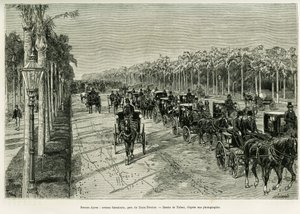 Buenos Aires, Sarmiento Avenue, Drei-Februar-Park. Gravur von Tofani zur Illustration der Geschichte Voyage à la Plata, 1886, von Emile Daireaux, in Le Tour du monde 1888, unter der Leitung von Edouard Charton (1807-1890), Hachette, Paris.