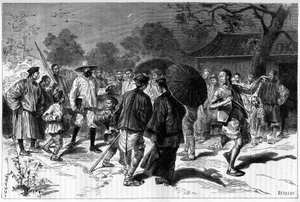 Dr. Piassetzky reist nach China, immer begleitet von Chinesen. Gravur nach einer Zeichnung von Tofani, in "Le Tour du Monde, Nouveau journal des Voyages", herausgegeben von Edouard Charton, Paris