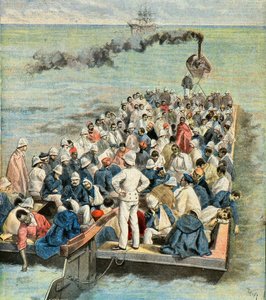Einschiffung auf das Hospitalschiff der Verwundeten der Madagaskar-Expedition 1896 (Gravur)