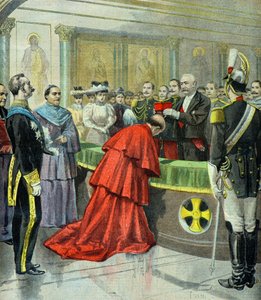 Felix Faure überreicht dem päpstlichen Nuntius Domenico Ferrata den Kardinalshut 1896 (Gravur) von Oswaldo Tofani