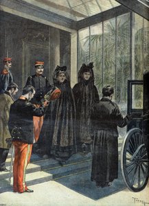 Madame Felix Faure verlässt den Elysee nach dem Tod des Präsidenten der Republik 1899 (Gravur)