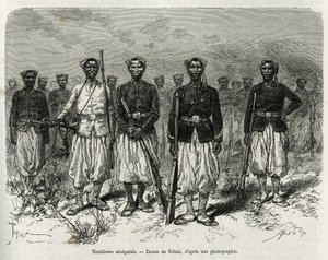 Senegalesische Reiter der Expeditionseskorte. Gravur von Tofani, um die Geschichte der Erkundung im oberen Niger von Kommandant Gallieni, der Marineinfanterie, in 1880-1881 zu illustrieren, veröffentlicht in der Tour du monde, unter der Leitung von Edouard