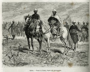 Die Spahis der Expeditionseskorte. Gravur von Tofani, zur Illustration der Geschichte der Erkundung im Oberen Niger, von Kommandant Gallieni, der Marineinfanterie, in 1880-1881, veröffentlicht in Le tour du monde, unter der Leitung von Edouard Charton (180 von Oswaldo Tofani