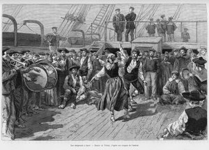 Die Auswanderer an Bord. Gravur von Tofani zur Illustration der Geschichte Voyage à la Plata, drei Monate Urlaub von Emile Blaireaux, 1886, in Le Tour du monde 1887, unter der Leitung von Edouard Charton (1807-1890), Hachette, Paris. von Oswaldo Tofani