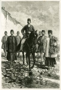 Der Gouverneur von Kachan (oder Kashan, in der Provinz Teheran, dem heutigen Iran) reitet auf einem schwarzen Pferd und seine Gefolgschaft ist zu Fuß. Gravur von Tofani, nach einem Foto, um die Geschichte „Persien, Chaldäa und Susiane“ in 1881-1882 zu illu