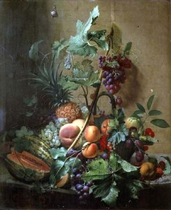 Stillleben mit Melone, Pflaumen, Pfirsichen