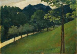 Blick von einem grünen Abhang gegen eine Allee von Otto Friedrich