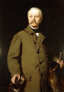 Porträt von Otto von Bismarck in Jagdkleidung mit seinem Hund und einem toten Fasan, 1897