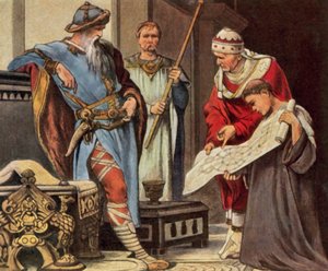Karl der Große lässt sich den Plan für die Palastkapelle des Kaiserpalastes in Aachen vorlegen, 796 von Otto Knille