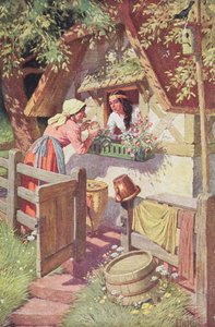 Die böse Königin, verkleidet als alte Frau, bietet Schneewittchen den vergifteten Apfel an, Illustration aus dem Grimm-Märchen 