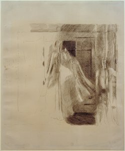 Frau und Knabe vor einem Kleiderschrank von Otto Meyer Amden