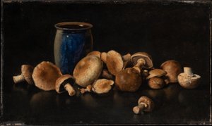 Stillleben mit blauer Vase und Pilzen