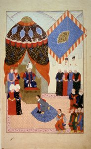 Osmanisches Reich: Sultan Suleiman I., genannt der Prächtige (1520-1566), umgeben von Höflingen. Miniatur aus „Nuzhet el-Esrar el-Ahbar der Sefer-i Sigetvar“ (Chroniken der Feldzüge von Szigetvár)