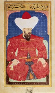 Porträt des Sultans des Osmanischen Reiches Orhan I (1281-1360). Miniatur aus dem Manuskript „Humanphysiognomie (Über persönliche Anordnungen der Osmanen)“ von Seyyid Lokman Hussein. (Ms. ty6087 folio 25b)